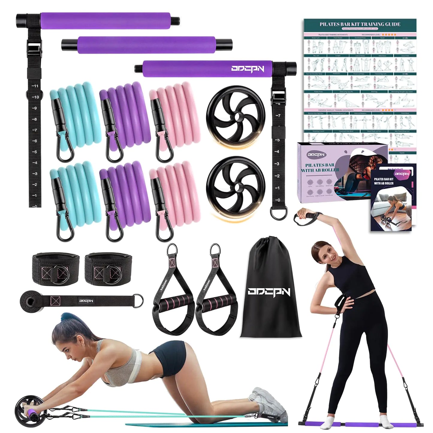 Pilates Bar Kit with Resistance Bands Multifunctinal Exercise Bar with Ab Roller for Pilates/Abs/Weight Loss Portable Home Gym Pilates bar kit for Full Body Training Women - Violet