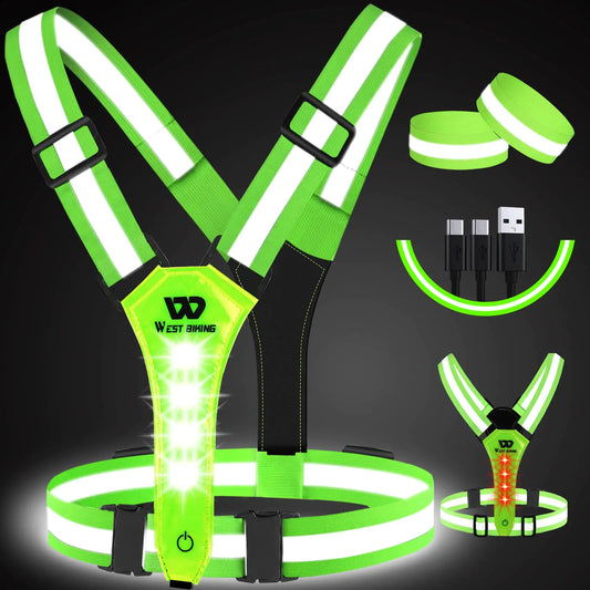 West Biking Running Vest Light - Led Running Reflective Gear for Walking at Night High Visibility Night Rechargeable Light Up Running Vest Adjustable Running Lights for Runners(Green)