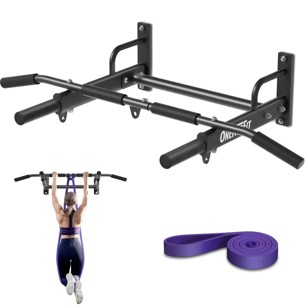 ONETWOFIT Wall Mounted Pull Up Bar 400 LBS Heavy Duty Chin Up bar Multifunctional Strength Training Wall Mount Pull up Bar Workout Home Gym With A 35-85 LBS Assistance Band OT053103